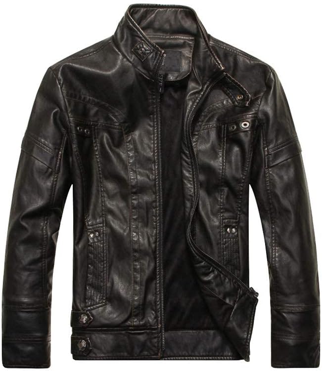 Men's Faux Leather Jacket Vintage Stand Collar Motorcycle PU Leather Outwear Coat