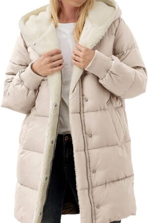 Women Sherpa Fleece Lined Puffer Jacket Winter Warm Hooded Long Coat