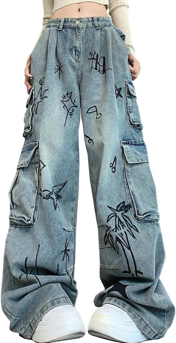 Fashion Straight High Waisted Wide Leg Jeans Casual Gradual Graffiti Patchwork Baggy Denim Pants
