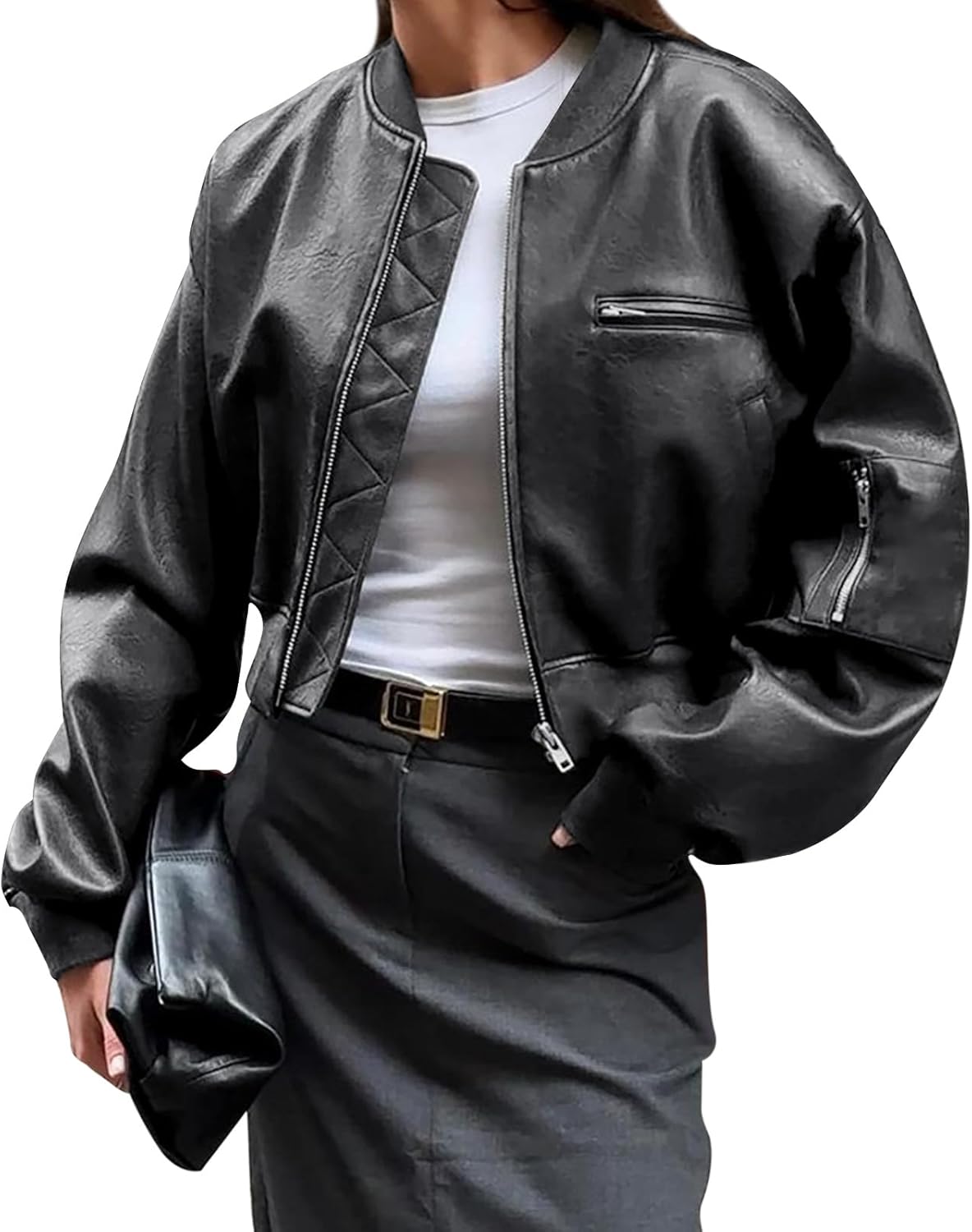 Womens Faux Leather Bomber Jackets Baseball Collar Zip Up Cropped Biker Coat with Pockets