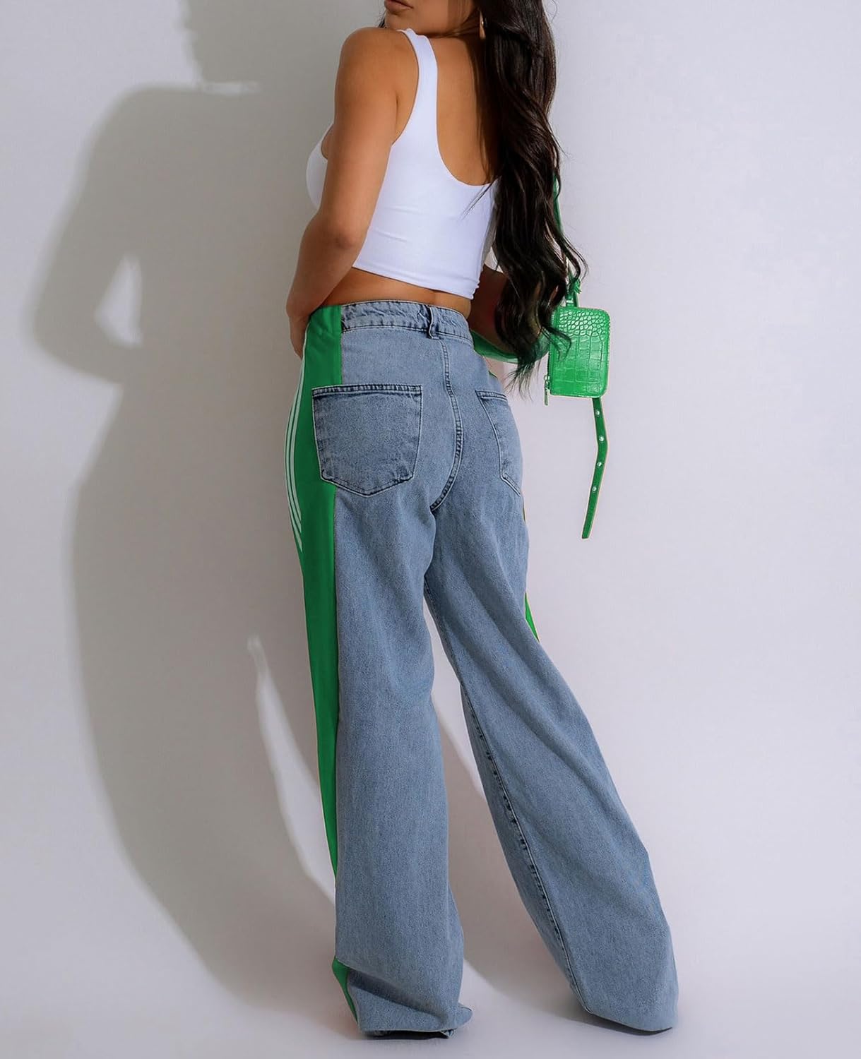 Women Jeans High Waisted Wide Leg Striped Patchwork Color Block Stretchy Loose Straight Denim Pants - Image 2