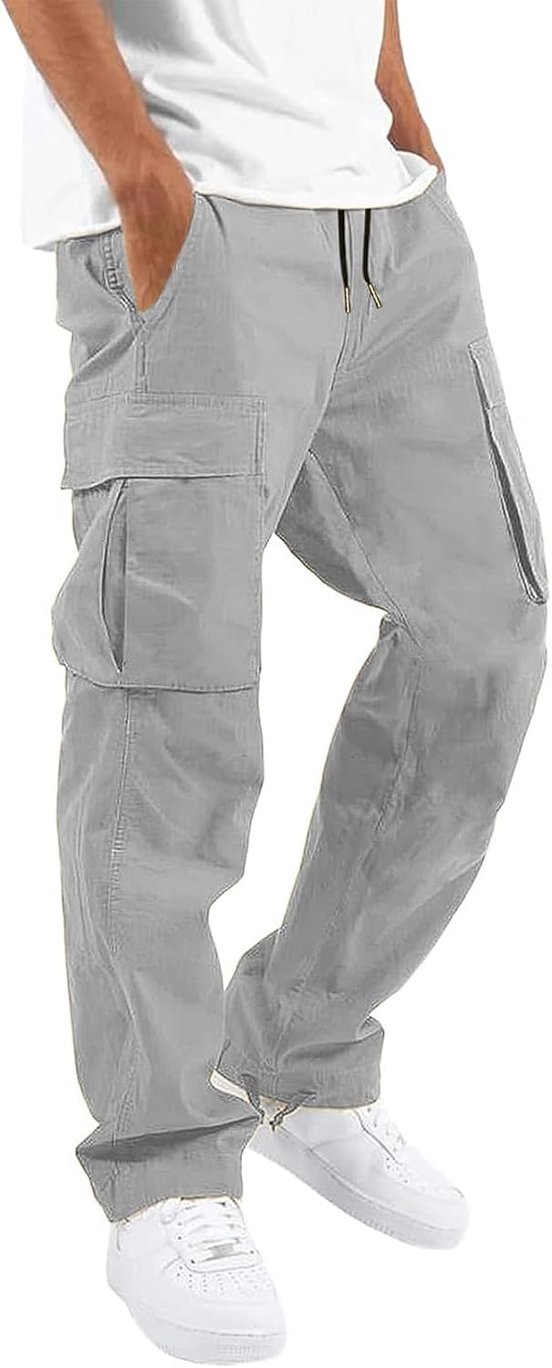 men Cargo Pants Drawstring Casual Hiking Pants Joggers Athletic Trousers Cotton Loose Straight Sweatpants for Men