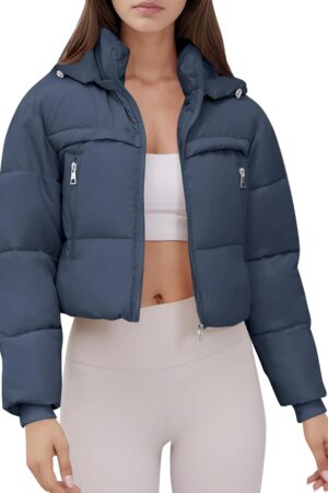 Women Winter Coats Cropped Puffer Jacket Long Sleeve Zip Warm Down Jackets