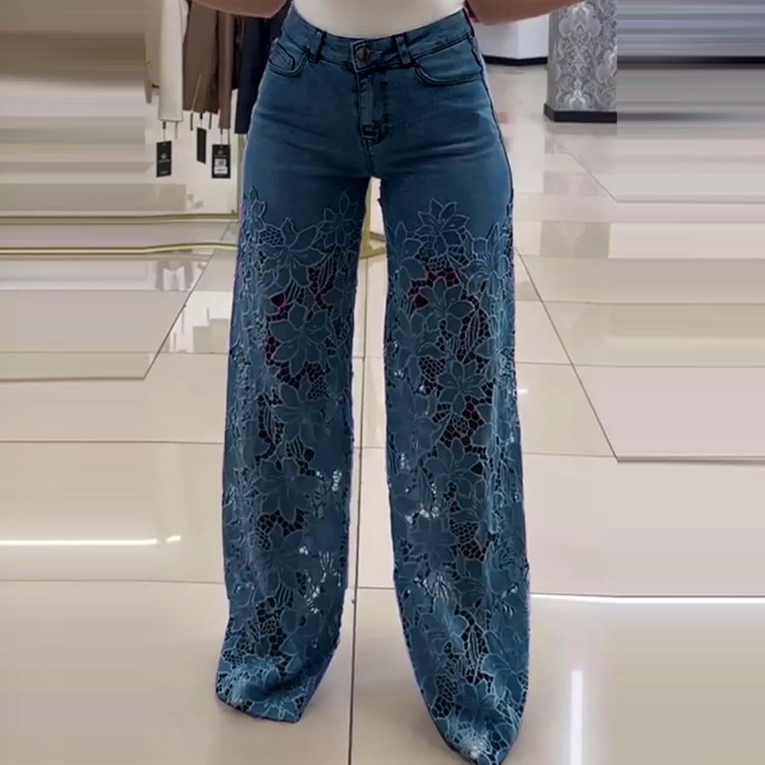 Women Lace Patchwork Jeans High Waisted Straight Wide Leg Hollow Out Baggy Stetch Denim Pants with Pockets - Image 2