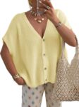 Women Summer Oversized Cardigans Batwing Short Sleeve Lightweight Button V Neck Casual Knit Sweater Tops