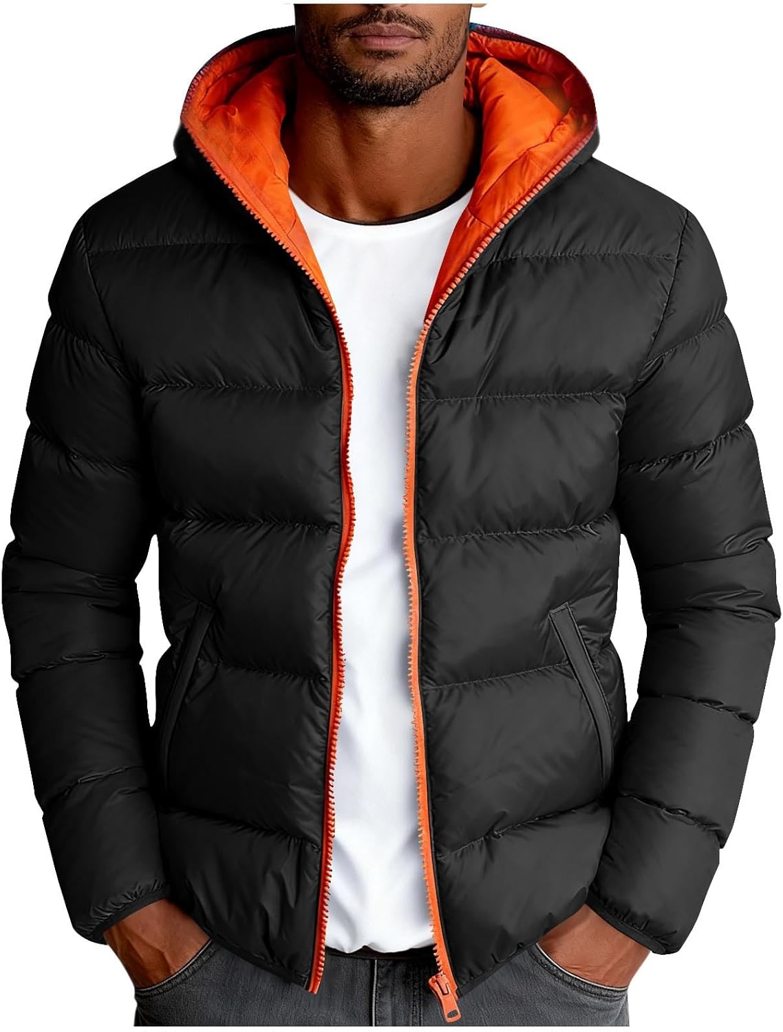 Puffer Jacket for Men Packable Quilted Down Jackets Waterproof Full Zip Up Hooded Jacket Padded Coat Warm Winter Coats - Image 2