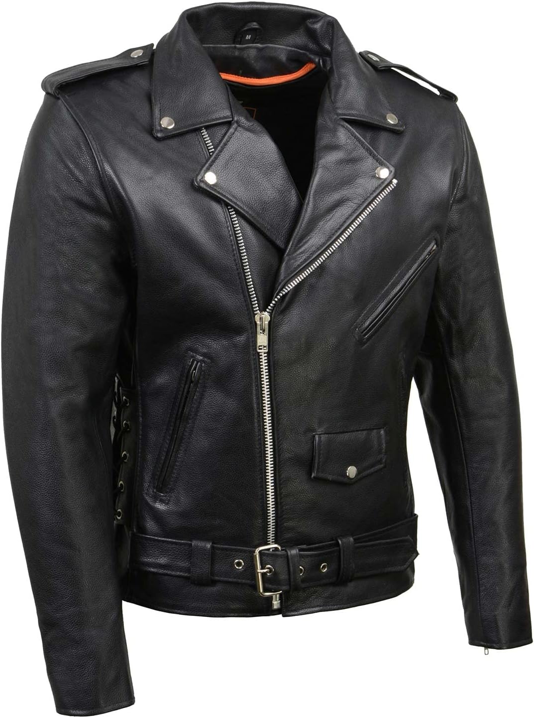 Leather Men's Classic Premium Leather Black Motorcycle Riders Leather Jacket w/Side Laces