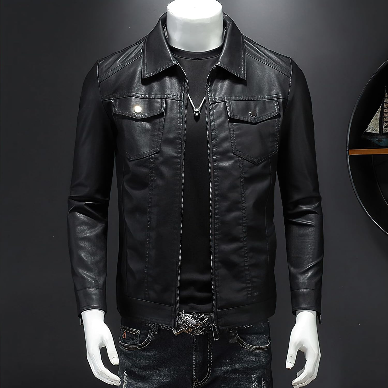 Mens Leather Jacket Motorcycle Black Biker Jackets Vintage Faux Leather Outwear Casual Lightweight - Image 2