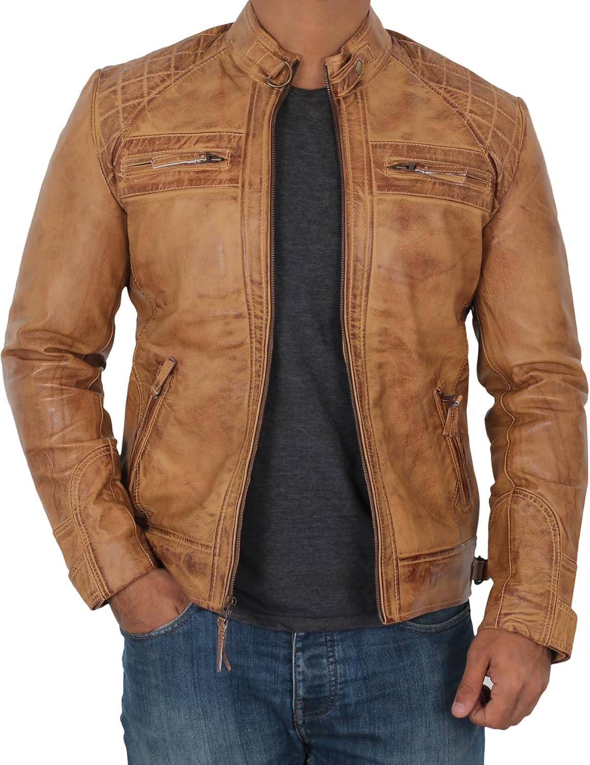 Real Lambskin Mens Leather Jackets - Quilted Zip Up Moto Style Leather Jacket Men