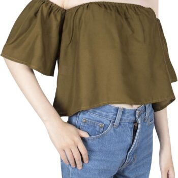Women Off Shoulder Blouses Short Sleeve Sexy Tops Ruffle Casual T Shirt Ladies Fashion Loose Fit Chiffon Crop Tops Cute Casual Pleated - Green #28