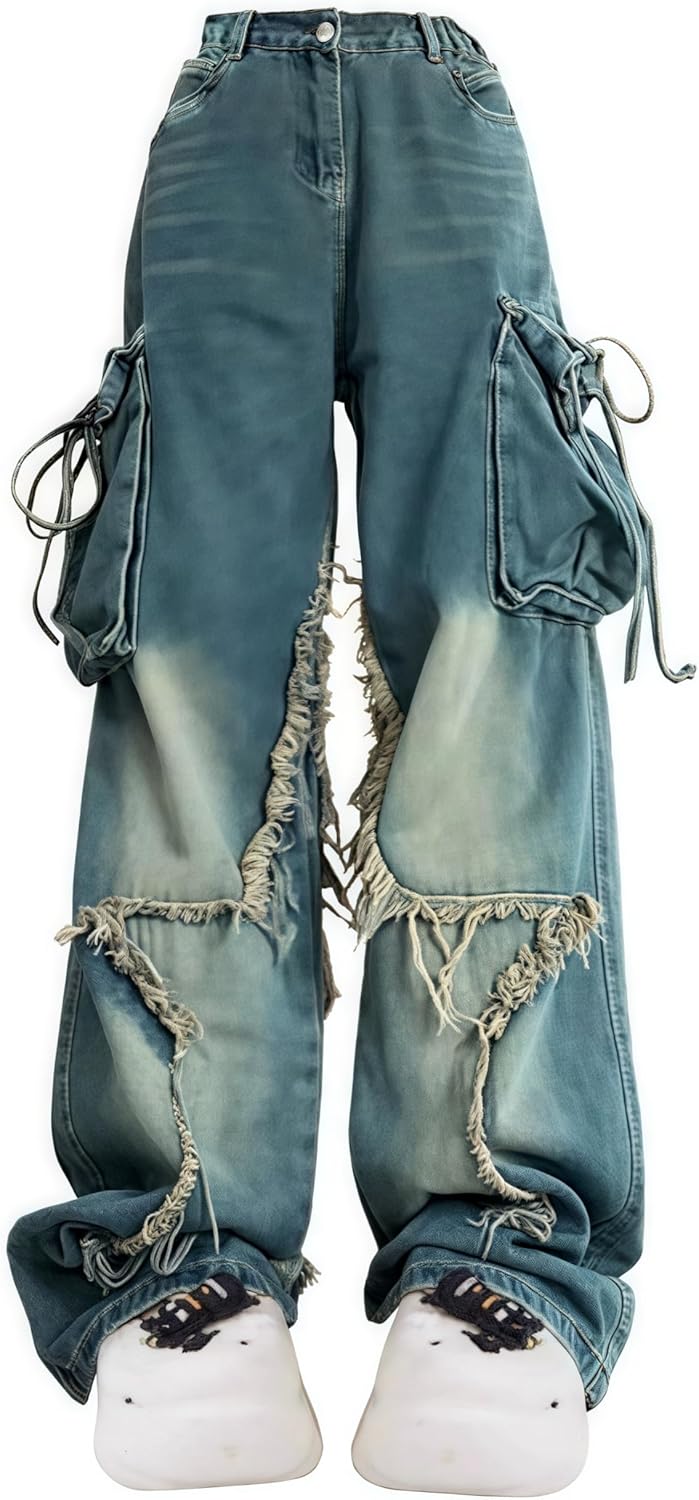 Unisex Star Patchwork Baggy Jeans – Wide Leg Distressed Denim Pants with Drawstring Waist and Cargo Pockets Streetwear