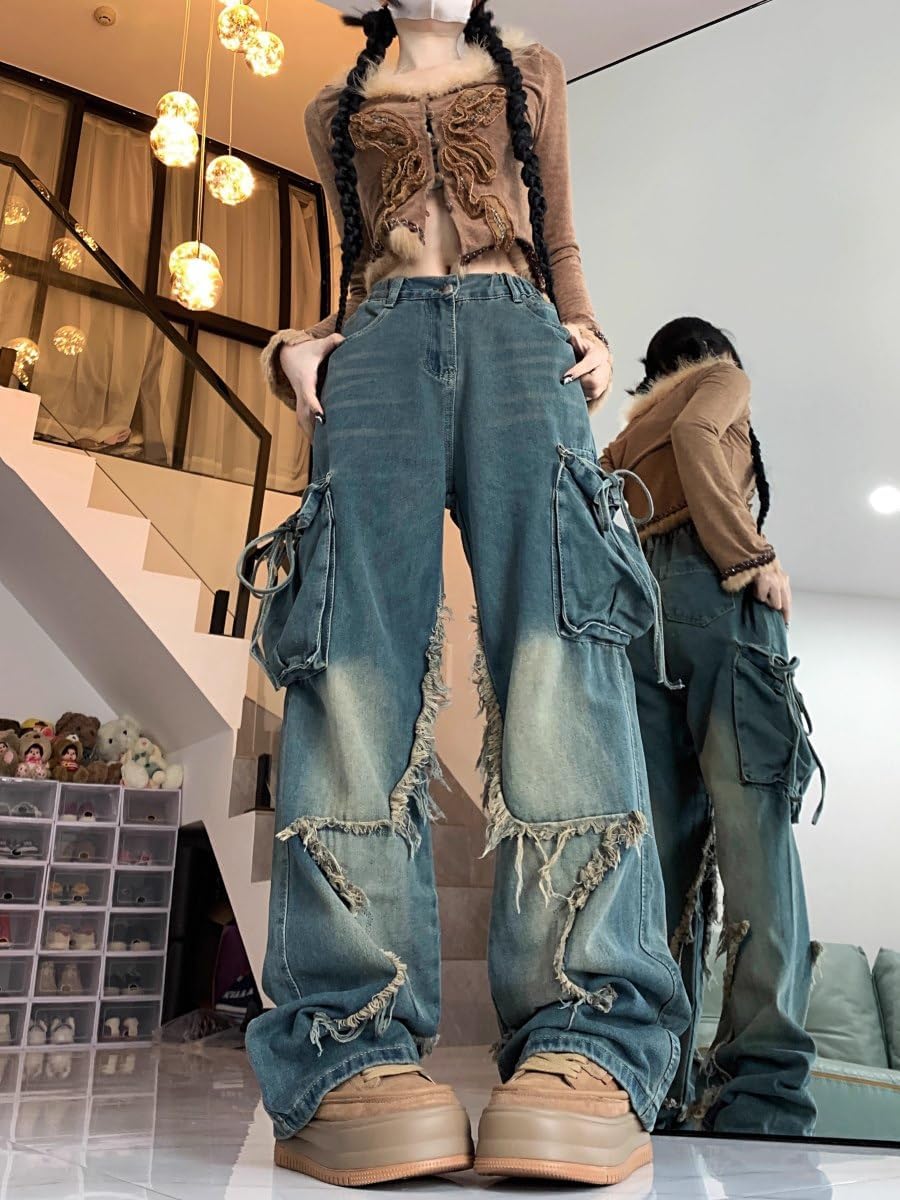 Unisex Star Patchwork Baggy Jeans – Wide Leg Distressed Denim Pants with Drawstring Waist and Cargo Pockets Streetwear - Image 2
