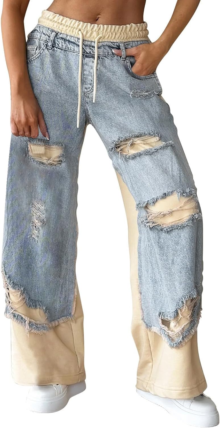 Women Baggy Patchwork Jeans High Waisted Wide Leg Pants Vintage Boyfriend Denim Pants Casual Trousers Streetwear