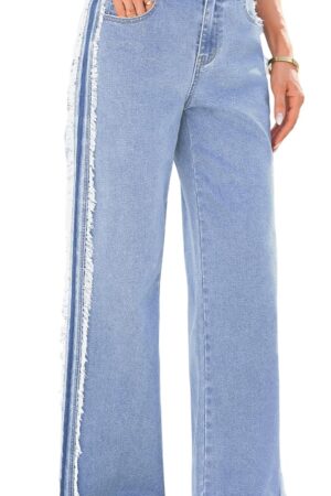 Women Wide Leg Jeans High Waisted Straight Leg Stretchy Patchwork Side Panel Denim Pants with Pockets