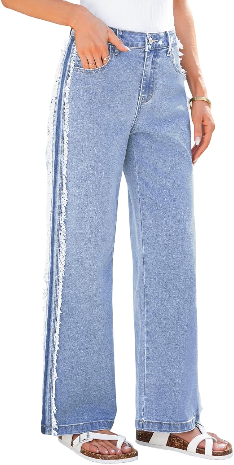 Women Wide Leg Jeans High Waisted Straight Leg Stretchy Patchwork Side Panel Denim Pants with Pockets