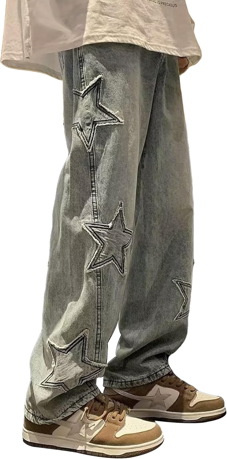 Women Distressed Jeans Star Patchwork High Waist Streetwear Wide Leg Baggy Graphic Jeans