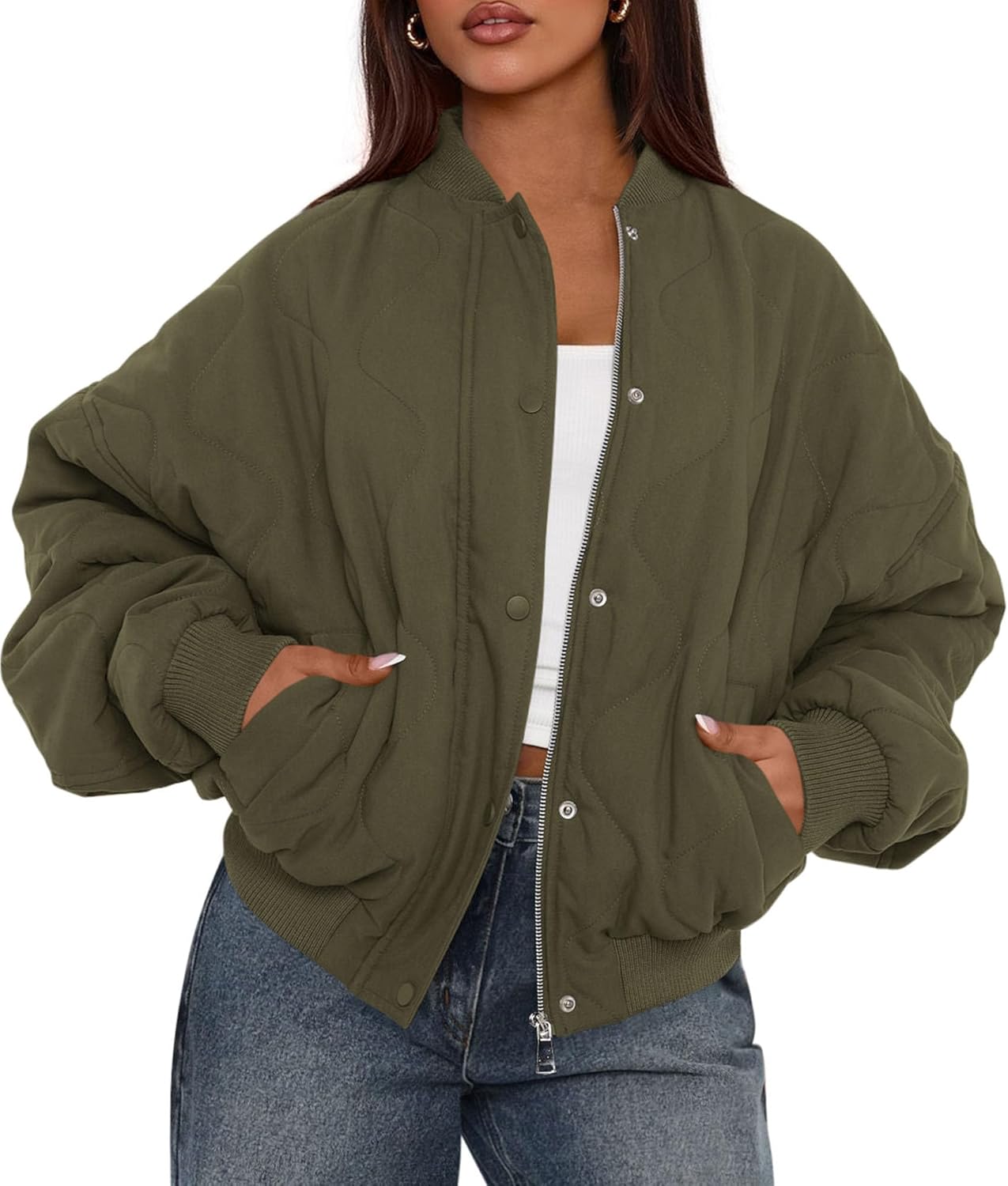 Women's Quilted Bomber Jacket Fall Fashion Lightweight Cropped Zip up Outerwear Winter Puffer Coats Pockets - Image 2