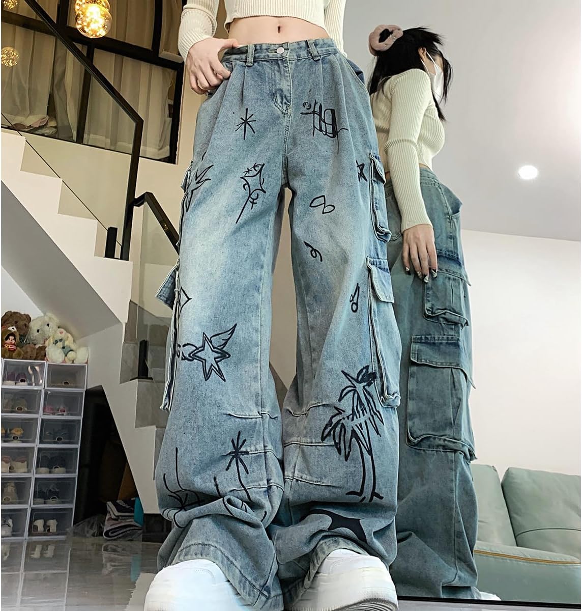 Fashion Straight High Waisted Wide Leg Jeans Casual Gradual Graffiti Patchwork Baggy Denim Pants - Image 2