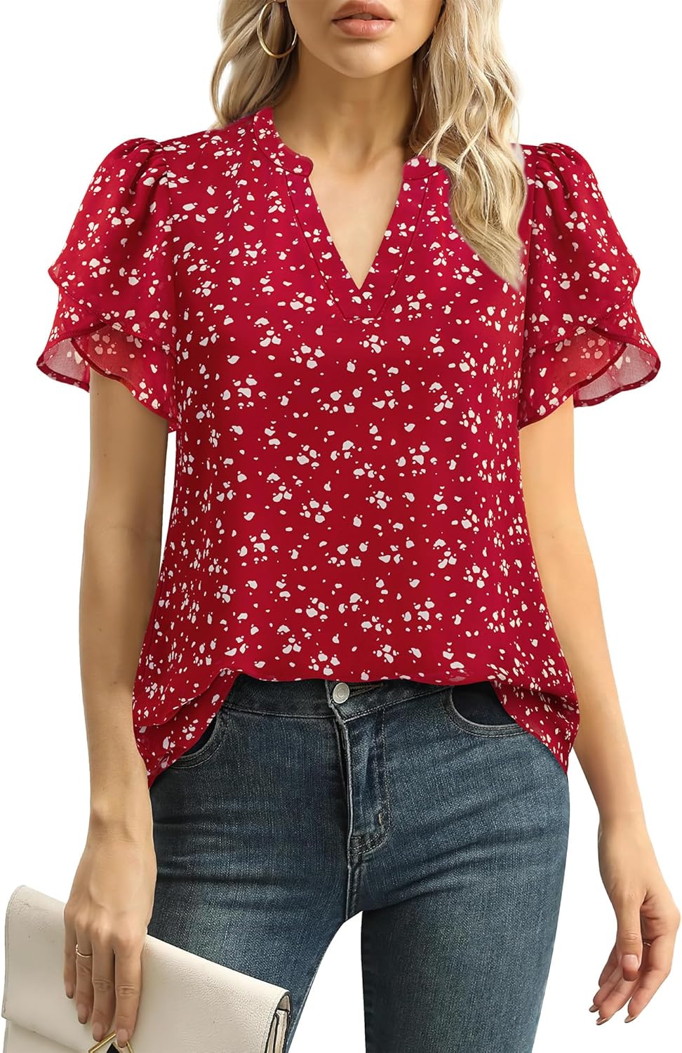 Women Dressy Chiffon Blouses Summer Puff Petal Short Sleeve Shirts V Neck Casual Work Tops
