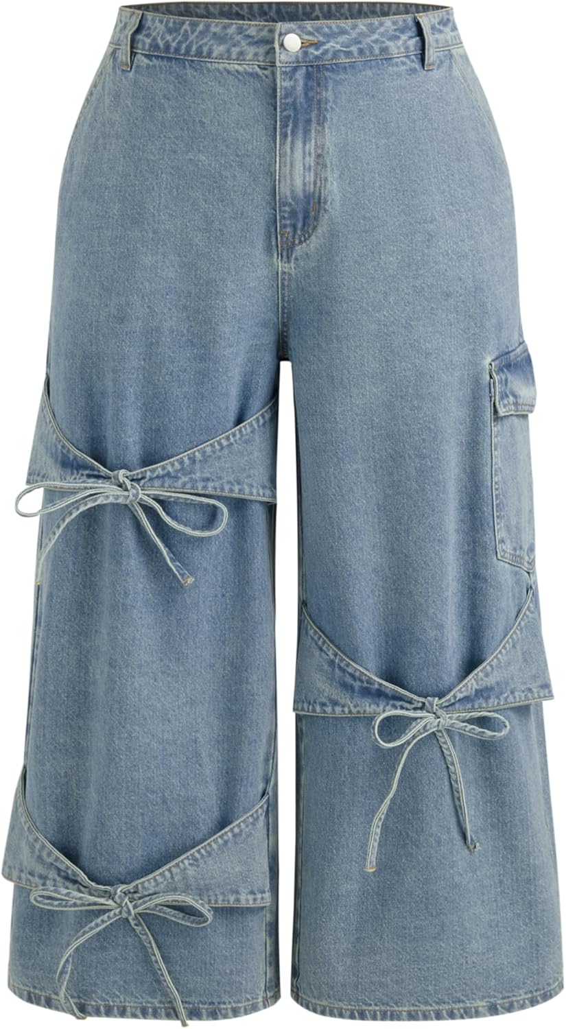 Baggy Jeans for Women Low Waisted Wide Straight Leg Bow Jeans Denim Pants