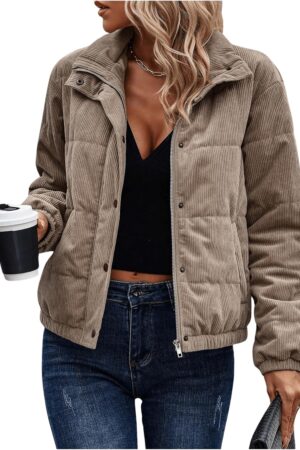 Women's Corduroy Quilted Puffer Jacket Zip Up Long Sleeve Padded Bomber Barn Jackets Coat with Pockets