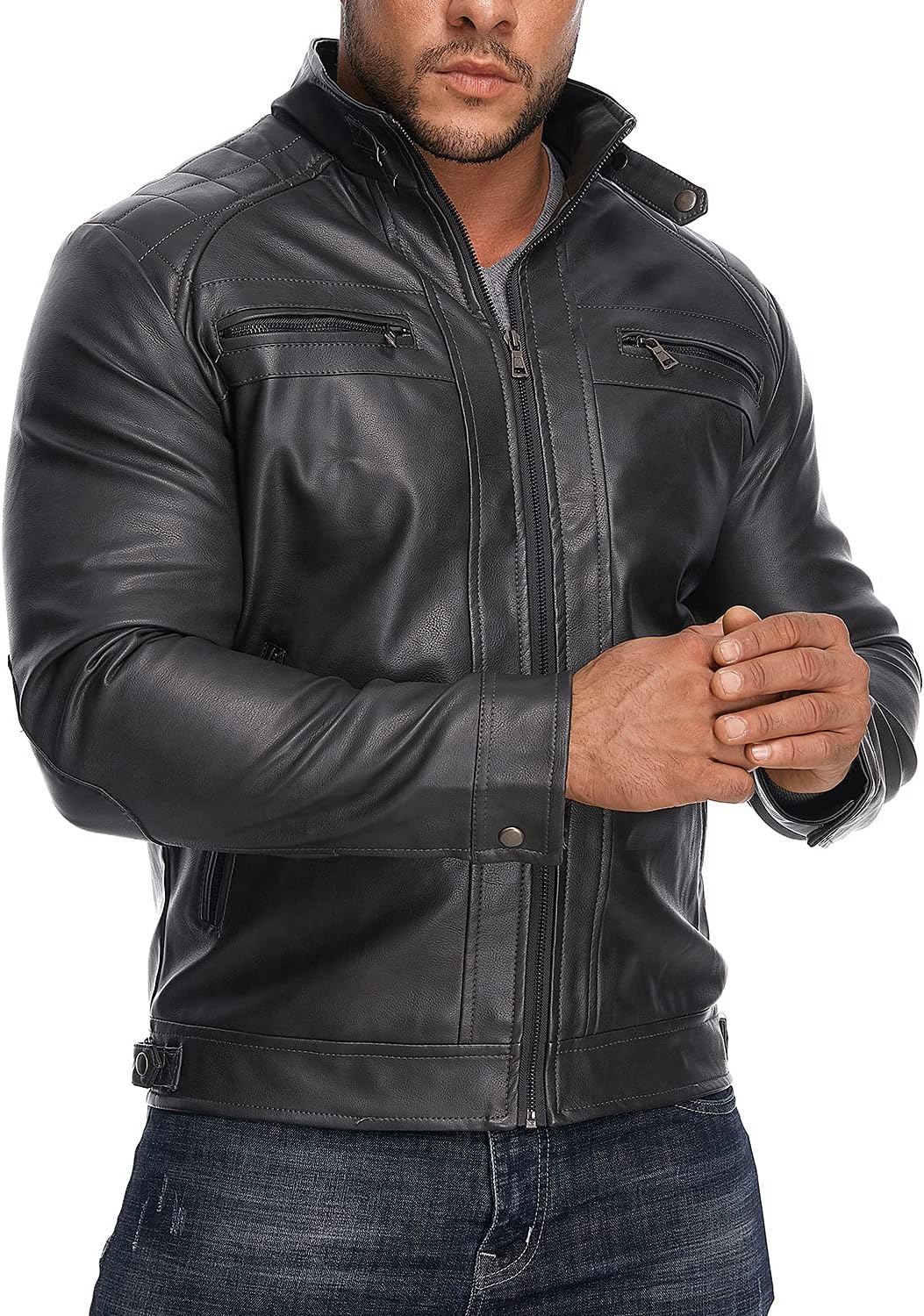 Men’s Stand Collar Leather Jacket Casual Faux Leather Motorcycle Jacket Outerwear Coat with Zipper Pockets