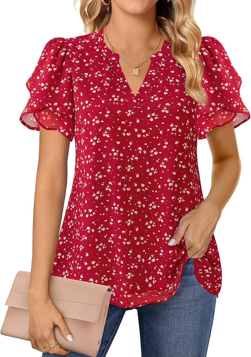 Women Dressy Chiffon Blouses Summer Puff Petal Short Sleeve Shirts V Neck Casual Work Tops - Image 2