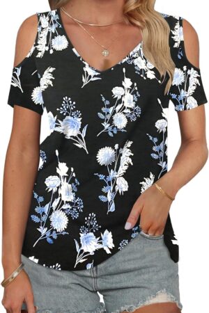 Women Summer T Shirts Casual Ladies V Neck Tops Short Sleeve Cold Shoulder Loose Fit Blouse  Trendy Clothing