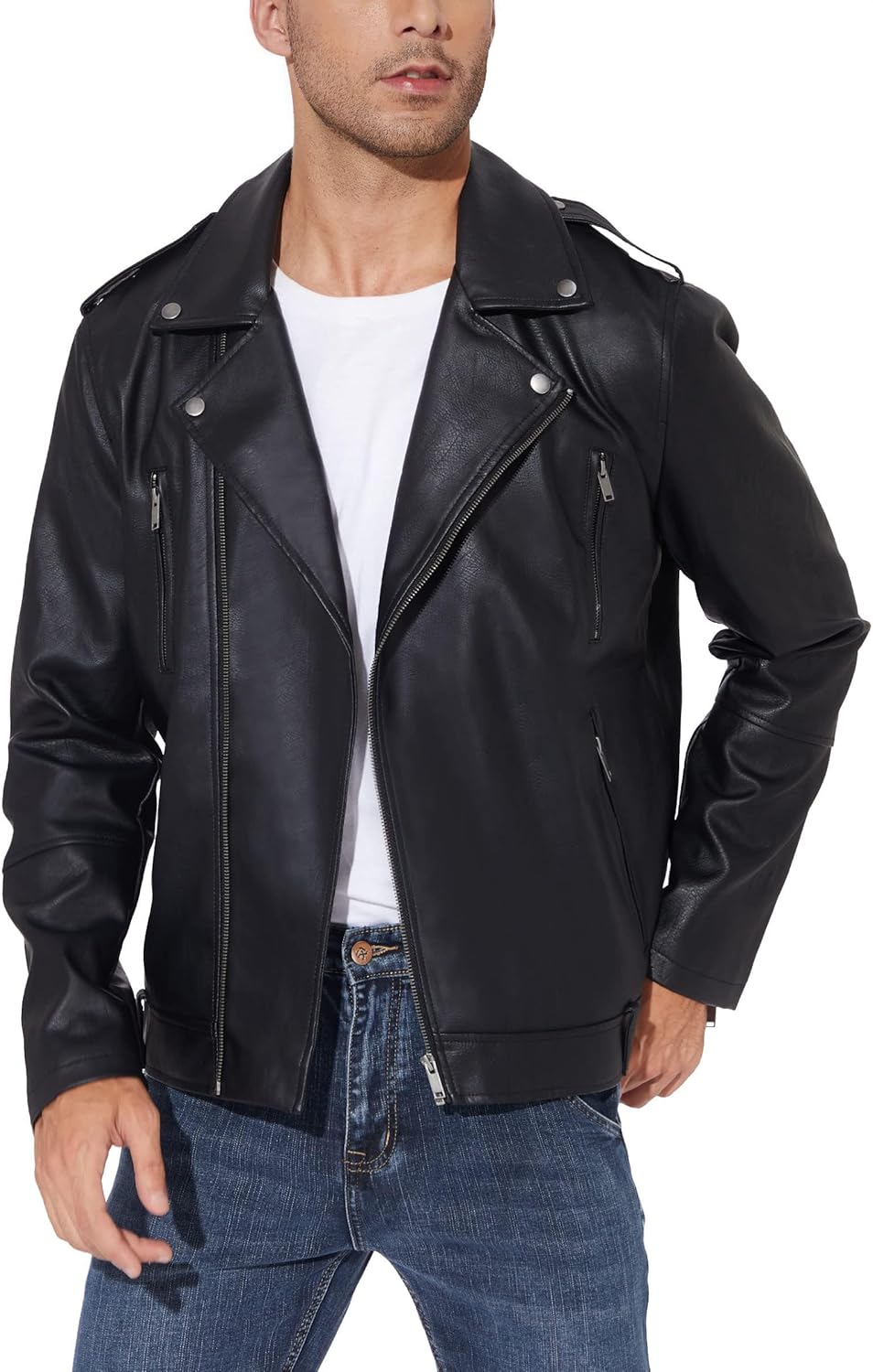 Faux Leather Jacket Men - Black Bomber Jackets Motorcycle Stand Collar Lightweight Zip-Up Slim Fit Biker Coat